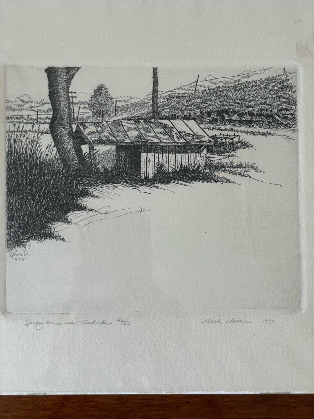 Original 1977 Mark Woodie Signed Etching “Spring House near Troutville” #46/50